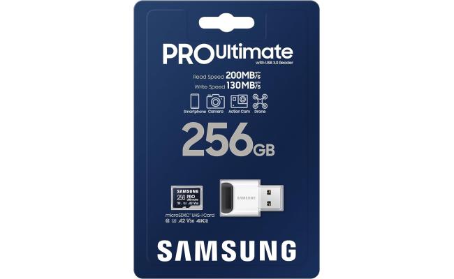 Samsung PRO Ultimate microSD Memory Card+Reader, 256GB microSDXC, Up to 200 MB/s, 4K UHD, UHS-I, Class 10, U3,V30, A2 for GoPRO Action Cam, DJI Drone, Gaming, Phones, Tablets